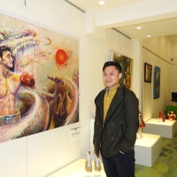 A caricatura sobre o campeão de boxing da China (Zou Shiming) e os respectivos produtos artísticos e outros produtos