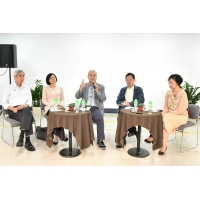 （左起）文化產業基金行政委員會主席梁慶庭、行政委員朱妙麗、項目評審委員會委員施家倫、項目評審委員會委員簡焯坤、行政委員穆欣欣出席業界交流會。